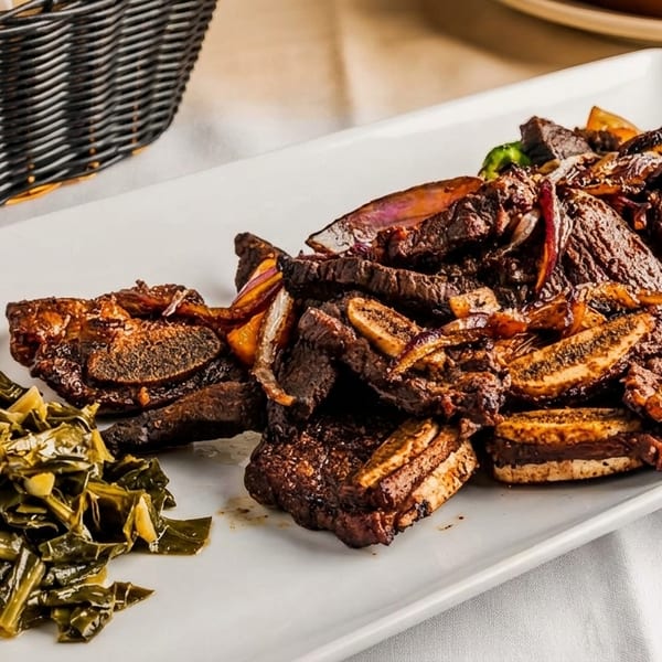 A white rectangular plate holds grilled short ribs, sautéed collard greens, and sliced peppers.