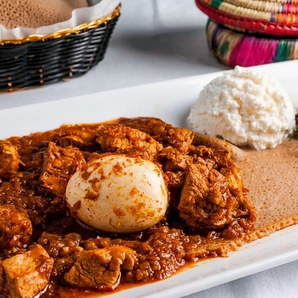 Doro Wat, an Ethiopian chicken stew with a hard-boiled egg, injera, collard greens, and cottage cheese.