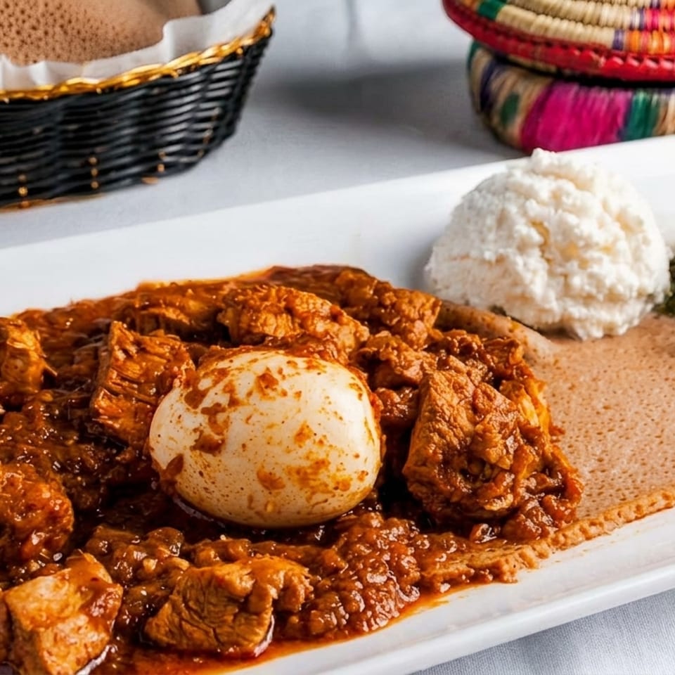 Doro Wat, an Ethiopian chicken stew with a hard-boiled egg, injera, collard greens, and cottage cheese.